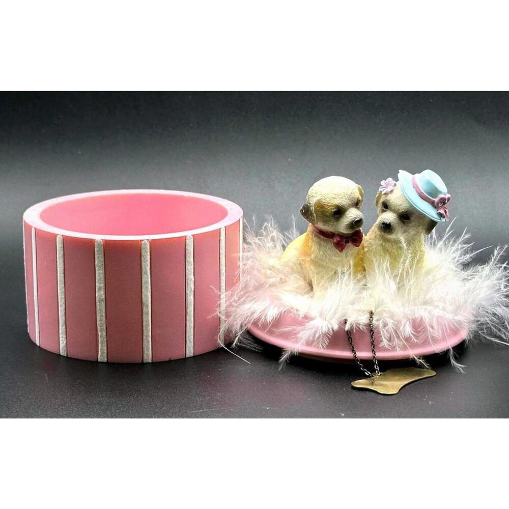 Adorable Dog Figurines Trinket Box Pink Storage W Neck Tag & Feathers - Picture 6 of 7